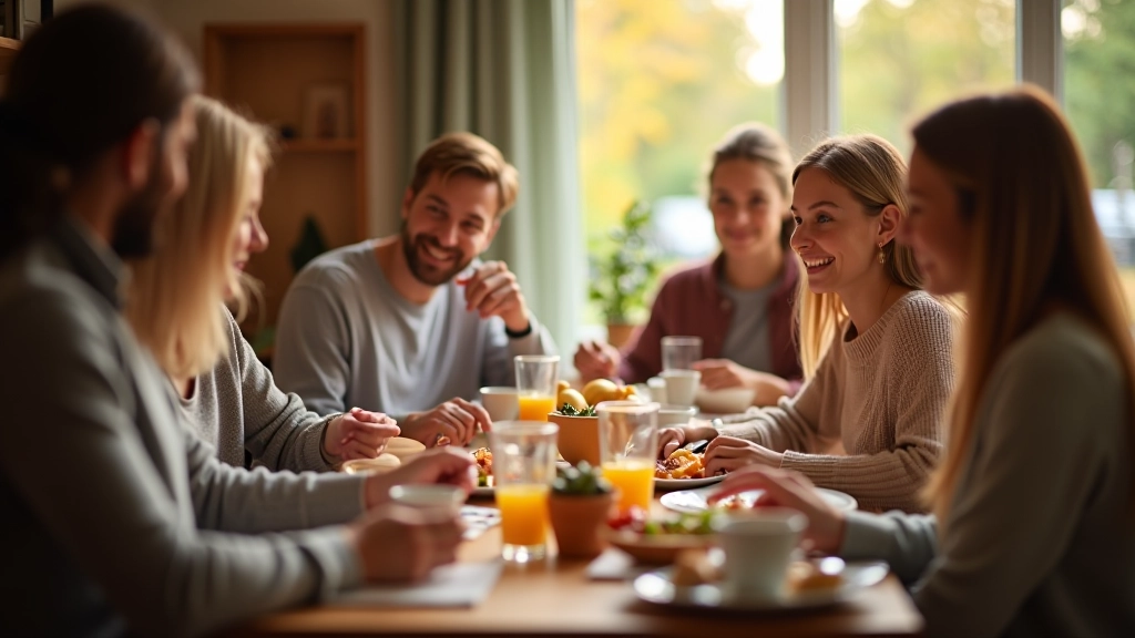 Familie zit samen aan tafel met eten en praat gelukkig met elkaar