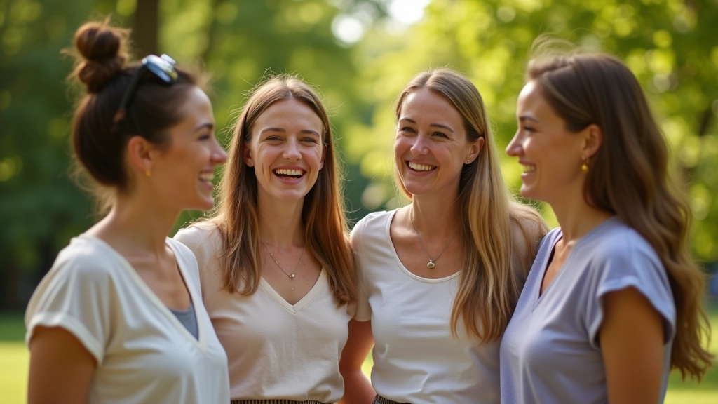 Groep vrienden lacht samen in park op zonnige dag met veel licht