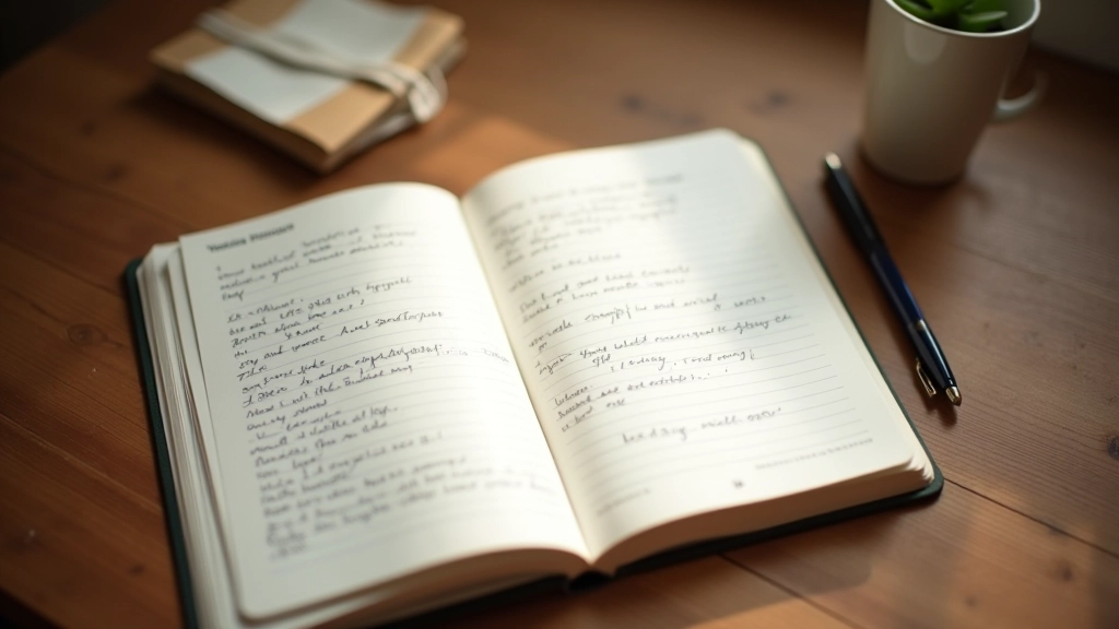 Open notitieboek met handgeschreven woorden op een houten tafel in warm licht