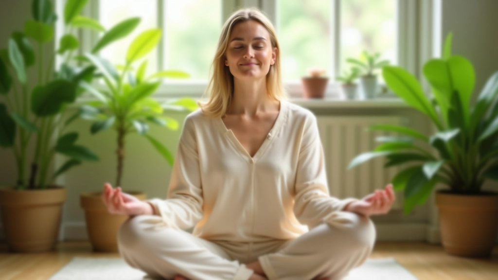 Persoon in meditatiehouding in een rustige kamer met natuurlijk licht en groene planten
