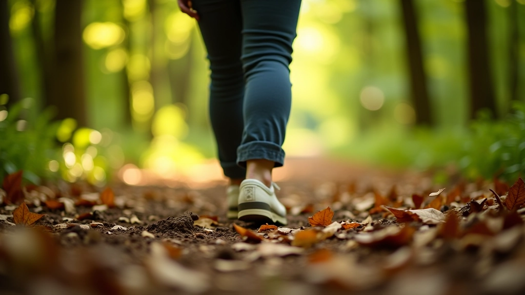 Voeten lopen op een natuurpad omgeven door groene planten en natuurlijk licht