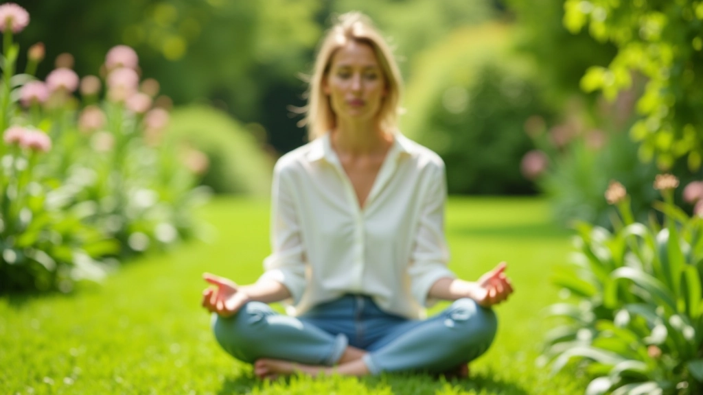 Persoon zit in meditatiehouding buiten in een groene tuin met zonlicht