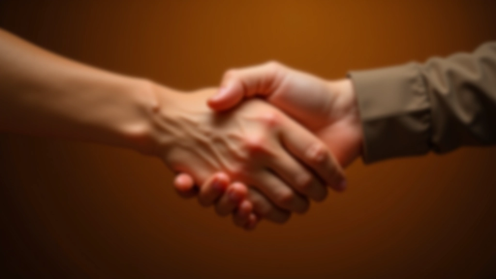 Close-up van twee personen die elkaar een hand geven met warme uitdrukking op gezicht