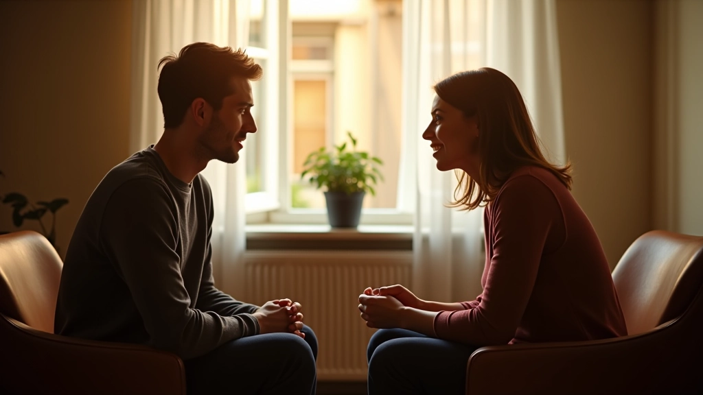 Twee mensen zitten tegenover elkaar in een warm interieur, makend oogcontact in een diepgaand gesprek