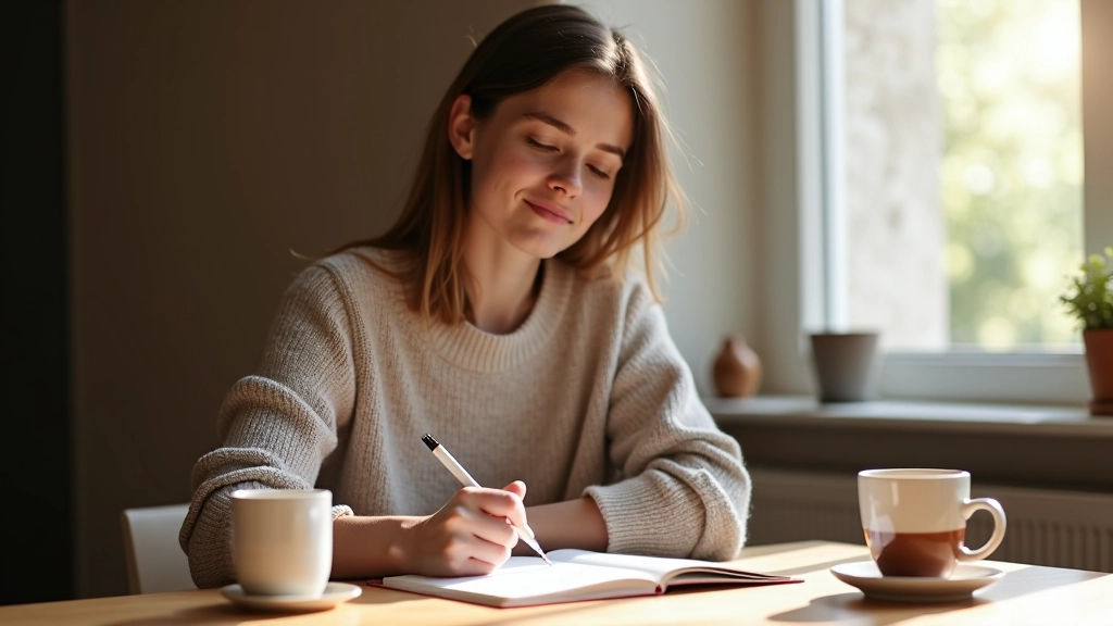 Persoon schrijft iets op in notitieboek terwijl ze nadenkt met kop koffie op tafel