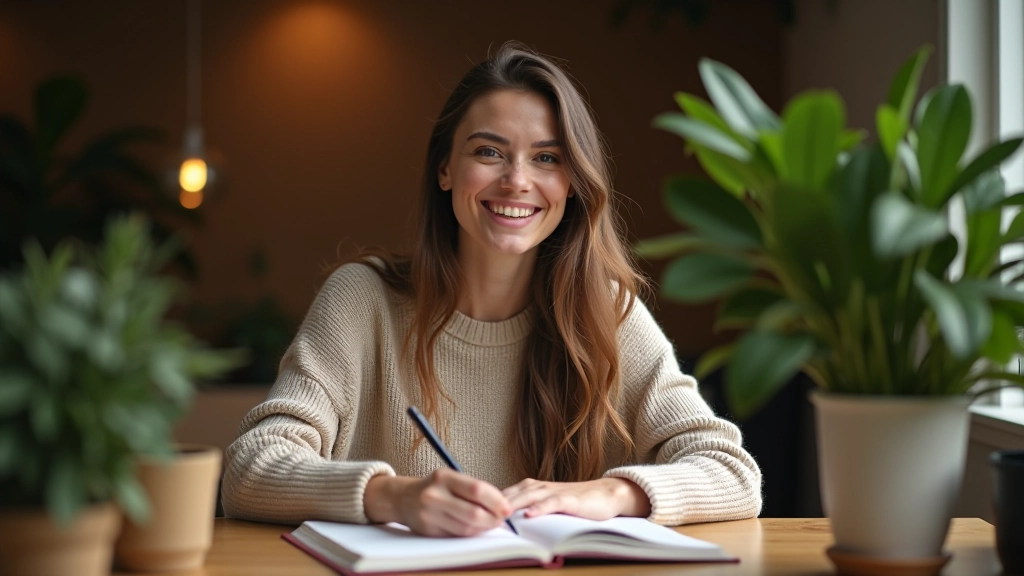 Vrouw die in een notitieboek schrijft aan een houten tafel met plantjes op de achtergrond