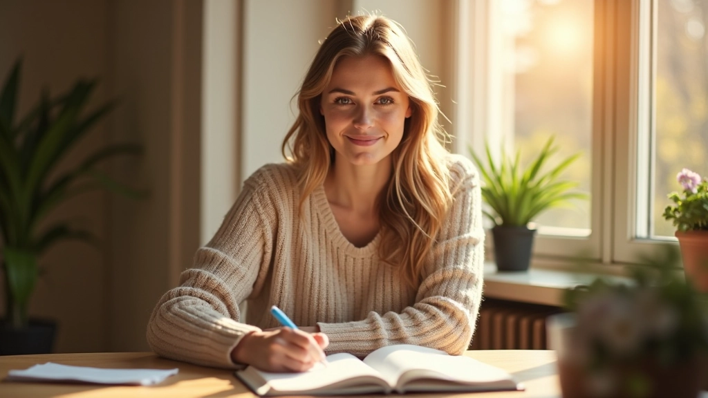 Persoon schrijft dagelijks affirmaties in een notitieboekje bij warm daglicht