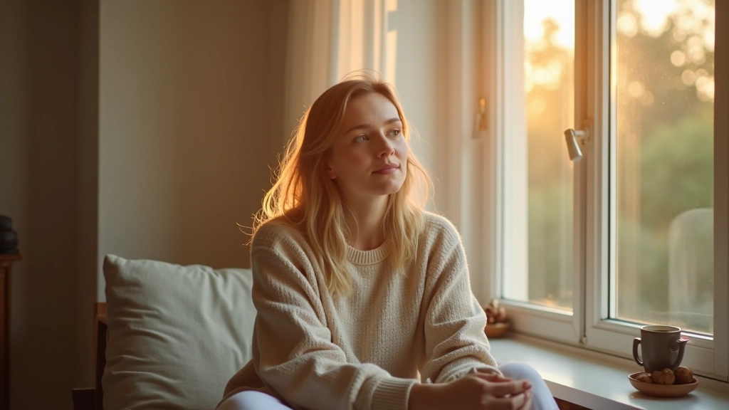 Vrouw zit in de ochtend bij het raam en spreekt affirmaties uit met gesloten ogen