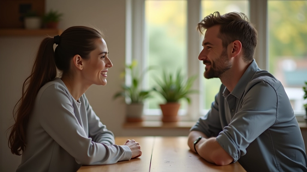 Twee mensen zitten tegenover elkaar aan tafel en praten met glimlachend gezicht